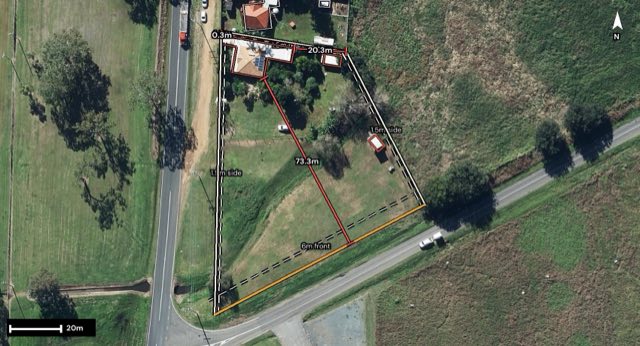 Aerial of 7114 Brisbane Valley Highway, Toogoolawah QLD 4313 with the block outlined