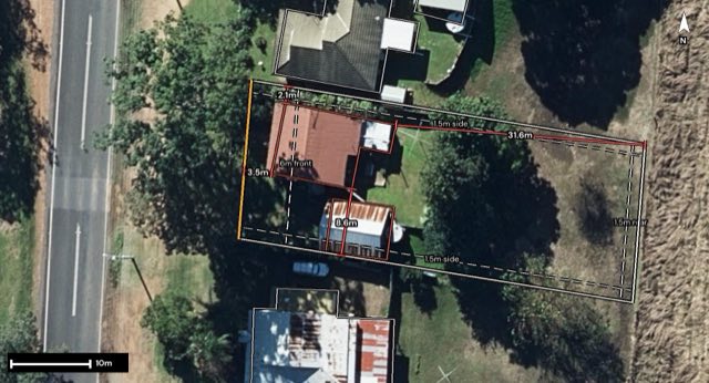 Aerial of 7136 Brisbane Valley Highway, Toogoolawah QLD 4313 with the block outlined