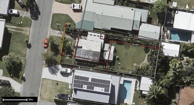 Aerial of 73 Palmer Avenue, Golden Beach QLD 4551 with the block outlined