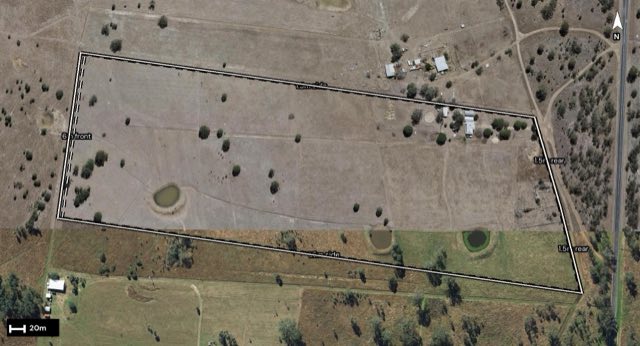 Aerial of 7379 Brisbane Valley Highway, Toogoolawah QLD 4313 with the block outlined
