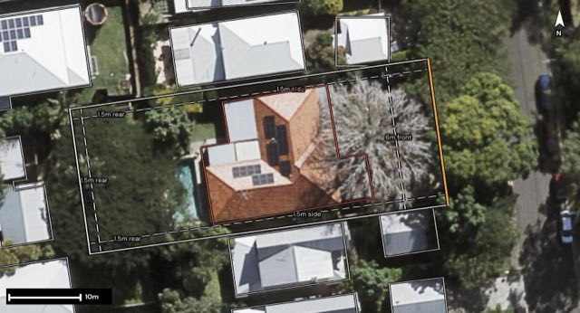 Aerial of 74 Gordon Terrace, Indooroopilly QLD 4068 with the block outlined