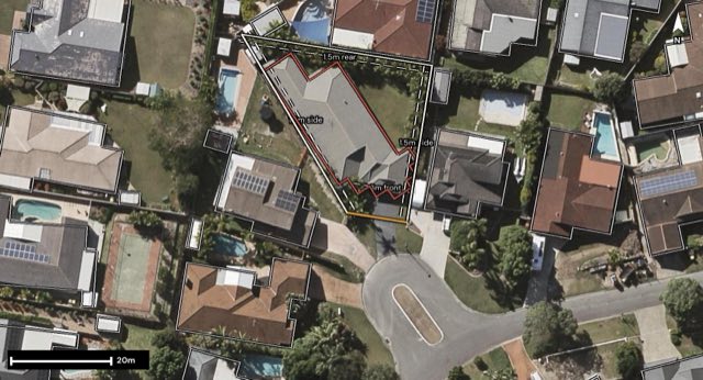Aerial of 76 Oxford Crescent, Bridgeman Downs QLD 4035 with the block outlined