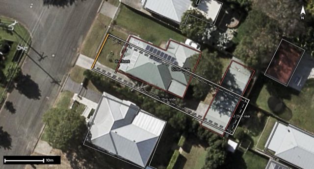Aerial of 79 Wade Street, Virginia QLD 4014 with the block outlined