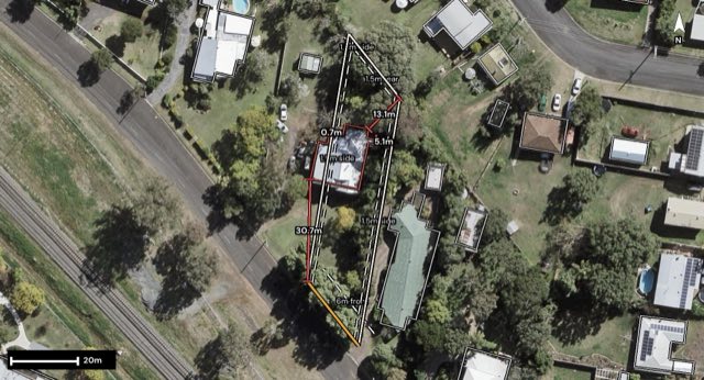 Aerial of 80 Railway Street, Laidley QLD 4341 with the block outlined