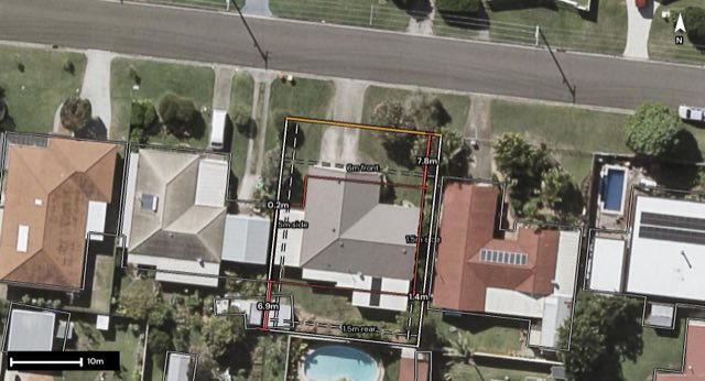 Aerial of 83 Lamerough Parade, Golden Beach QLD 4551 with the block outlined