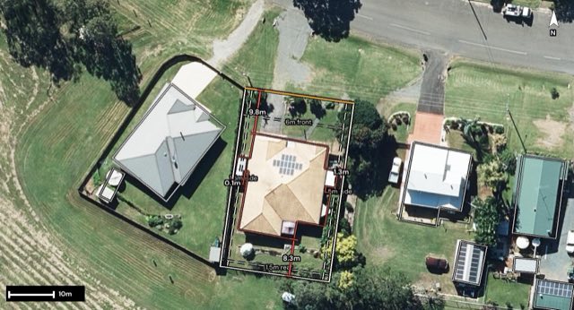Aerial of 84 Fulham Street, Toogoolawah QLD 4313 with the block outlined