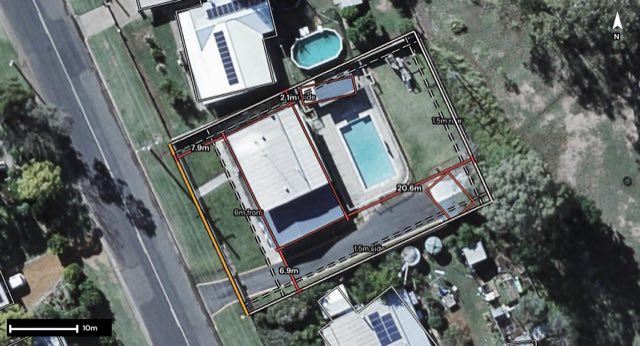 Aerial of 9 Airforce Road, Helidon QLD 4344 with the block outlined