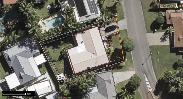Aerial of 9 Mackerel Street, Sandstone Point QLD 4511 with the block outlined