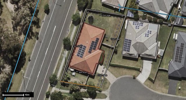 Aerial of 9 Quiet Court, Heritage Park QLD 4118 with the block outlined