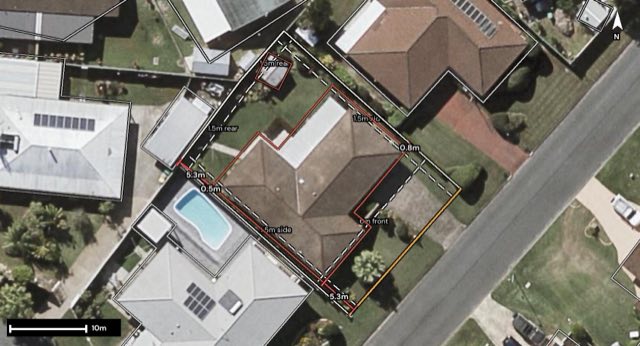 Aerial of 9 Ramsay Crescent, Golden Beach QLD 4551 with the block outlined