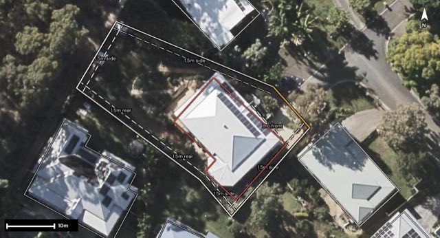 Aerial of 9 Silverwood Court, Ferny Hills QLD 4055 with the block outlined